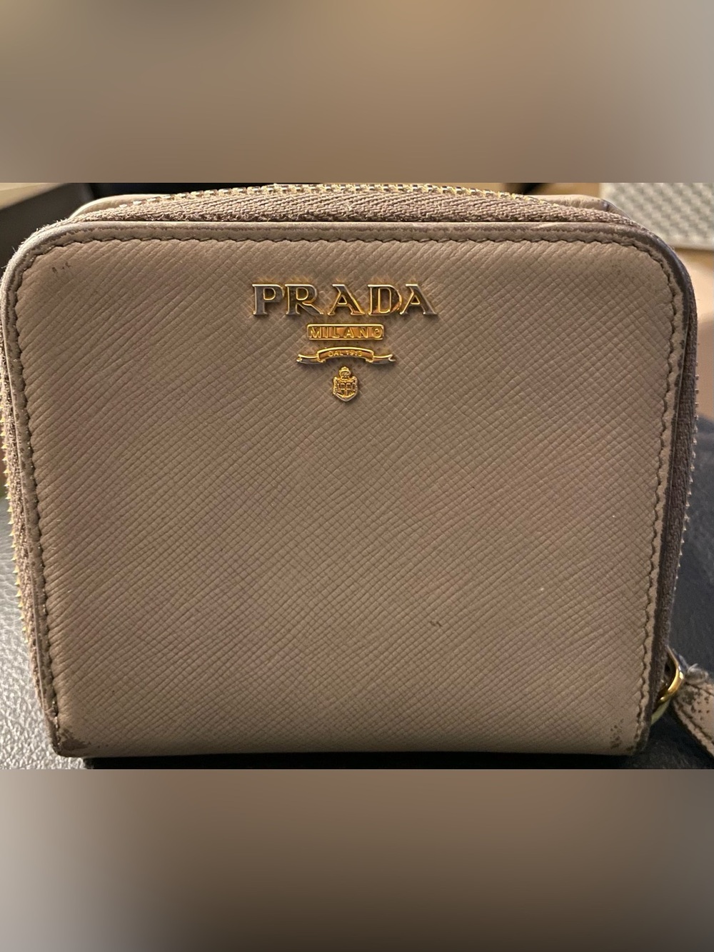 Prada Saffiano Compact Wallet - Beige with Gold Hardware